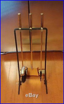 Vintage Mid Century Modern Black and Brass Fireplace Tools with Stand-NEW