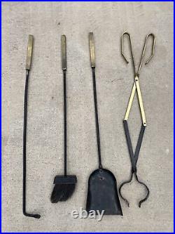 Vintage Mid Century Modern Fireplace Tool Set with Stand Iron Brass Handle MCM
