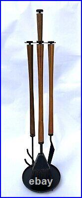 Vintage Mid Century Modern Long Handle Fire Place Tools Brass Set Stand