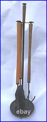 Vintage Mid Century Modern Long Handle Fire Place Tools Brass Set Stand