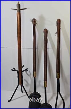 Vintage Mid Century Modern Long Handle Seymour Fire Place Tools Brass Set Stand