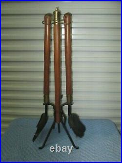 Vintage Mid Century Modern Long Wood Handles & Iron Fireplace 4pc Tool Set