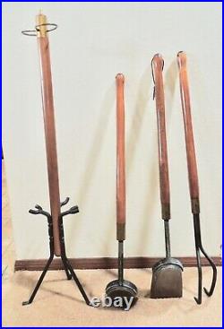 Vintage Mid Century Modern Seymour Fireplace Tools Set w. Stand Wood & Iron