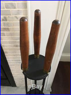 Vintage Mid Century Modern Seymour Walnut And Cast Iron Fireplace Tool Set