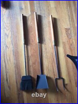 Vintage Mid Century Modern Seymour Wooden Handle & Iron Fireplace Tools Set USA