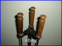Vintage Mid Century Modern Wooden Handle & Iron Fireplace Tools Set