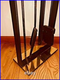 Vintage Mid Century Pilgrim Cast Iron Brass Minimalist Fireplace Tool Set Stand