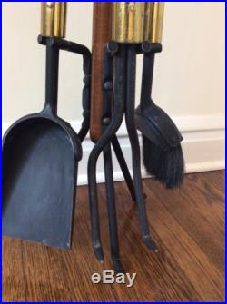 Vintage Mid Century SEYMOUR FIREPLACE TOOLS & STAND Heavy Duty Wood Iron Brass