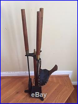 Vintage Mid Century SEYMOUR FIREPLACE TOOLS & STAND Wood Iron Brass