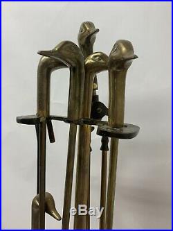 Vintage Mid Century SOLID Brass DUCK HEAD Fireplace Tool Set Stand + FIVE TOOLS