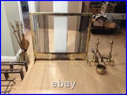 Vintage Midcentury Modern Brass complete Fireplace Screen, Andiron, and tool set