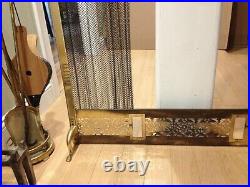 Vintage Midcentury Modern Brass complete Fireplace Screen, Andiron, and tool set