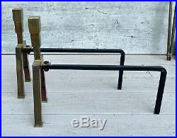 Vintage Modernist Art Deco Style Brass Fireplace Andirons and Tool Set c. 1960