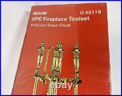 Vintage NOS Sears Metal Polished Brass Finish 5 Pc Hearth Fireplace Toolset