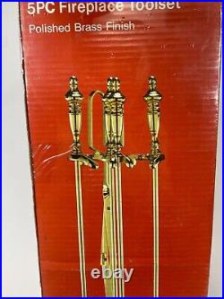 Vintage NOS Sears Metal Polished Brass Finish 5 Pc Hearth Fireplace Toolset
