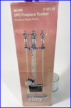 Vintage NOS Sears Metal Polished Brass Finish 5 Pc Hearth Fireplace Toolset