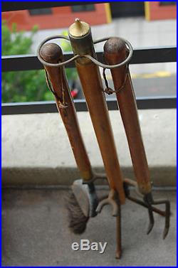 Vintage Original Seymour Fireplace Tools Stand Walnut Iron Brass MID Century