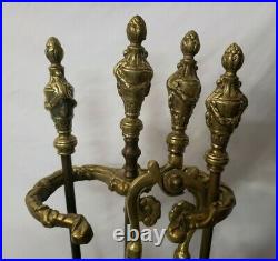 Vintage Ornate Brass Fireplace Tool Set 4 Piece + Stand