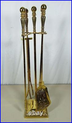 Vintage Ornate Brass Fireplace Tool Set Pokers 27 Floral 4 Tools Plus Stand