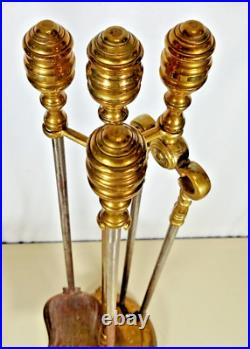 Vintage Ornate Brass Heavy Beehive Federal Style Fireplace Tool Set Lions Feet