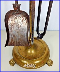 Vintage Ornate Brass Heavy Beehive Federal Style Fireplace Tool Set Lions Feet