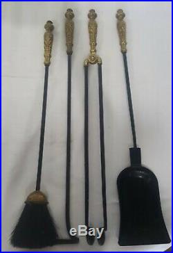 Vintage Ornate Heavy Brass Iron Fireplace Tool Set Stand With 4 Tools