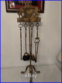 Vintage Ornate Lions Paw Claw Feet Fireplace Hearth Brass Ornate Poker Tool Set