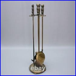 Vintage Owls Fireplace Poker Shovel Brush Broom Base Brass Plated Tools Set Hoot