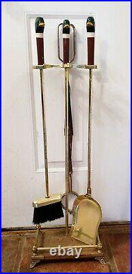 Vintage Painted Mallard Duck Head Brass Fireplace 3 Tools with Base 4 pc Set