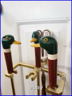 Vintage Painted Mallard Duck Head Brass Fireplace 3 Tools with Base 4 pc Set