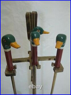Vintage Painted Mallard Duck Head Brass Fireplace 4 Tools with Base 5 pc Set