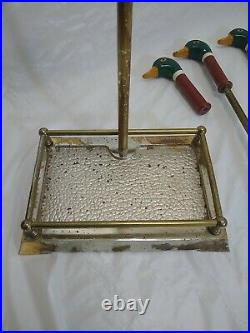Vintage Painted Mallard Duck Head Brass Fireplace 4 Tools with Base 5 pc Set