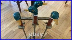 Vintage Painted Mallard Duck Head Brass Fireplace 4 Tools with Base 5 pc Set NICE