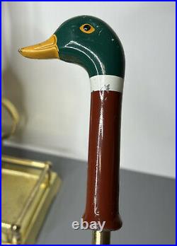 Vintage Painted Mallard Duck Head Brass Fireplace 5 Tools with Base 6 pc Set NICE