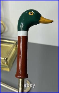 Vintage Painted Mallard Duck Head Brass Fireplace 5 Tools with Base 6 pc Set NICE