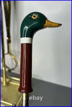 Vintage Painted Mallard Duck Head Brass Fireplace 5 Tools with Base 6 pc Set NICE