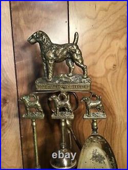 Vintage Peerage England Brass Fireplace Tool Set Wire-haired Fox Terrier Dogs