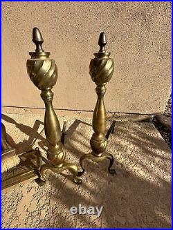 Vintage Polished Brass and Black Fireplace Tool Set 4 Piece & Stand