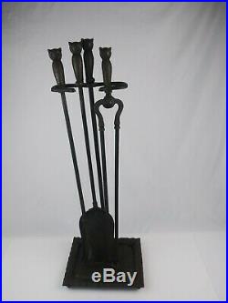 Vintage Rostand owl fireplace tool set brass eyes claw feet hammered copper base