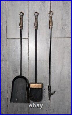 Vintage Rustic Wrought Iron Set of 3 Fireplace Tools + 1 Stand Shell S38