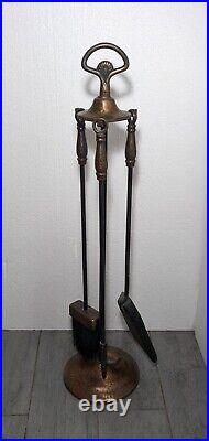 Vintage Rustic Wrought Iron Set of 3 Fireplace Tools + 1 Stand Shell S38