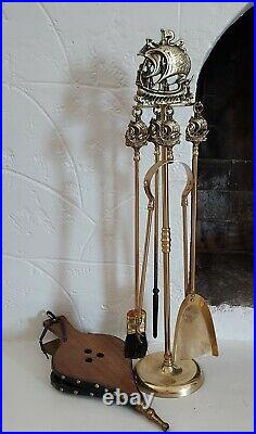 Vintage Sailing Ships Fireplace Tool Set 4 Piece Set Plus Stand and Bellows