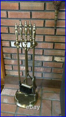 Vintage Satin Brass Tone Steel Fireplace 4 Piece Tool Set + Stand