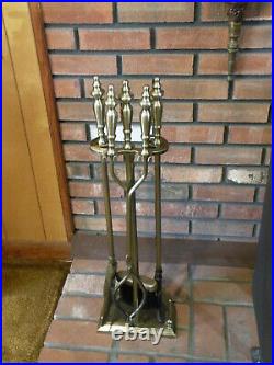 Vintage Satin Brass Tone Steel Fireplace 4 Piece Tool Set + Stand