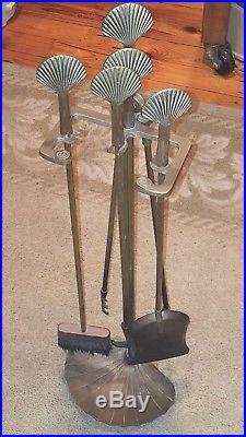 Vintage Scallop Shell Fireplace tools in Brass. Nice 5 piece set. Shell Foot
