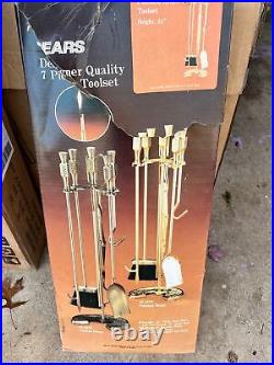 Vintage Sears 7 Piece Polished Brass Fireplace Toolset New Open Box