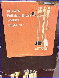 Vintage Sears 7 Piece Polished Brass Fireplace Toolset New Open Box