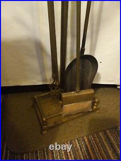 Vintage Set BRASS EAGLE HEAD Metal Fireplace Tools Stand Shovel Brush Tongs