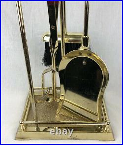 Vintage Set Brass Metal Fireplace Tools Stand Shovel Brush Tongs Poker Ribbed