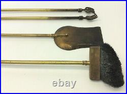 Vintage Set Used Brass Metal Shovel Scoop Brush Tongs Fireplace Tools
